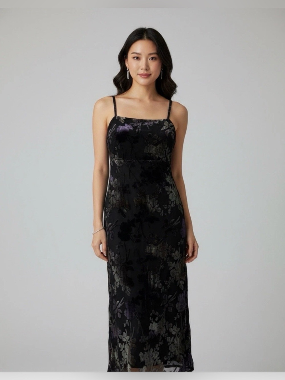 TAYLOR black floral burnout velvet maxi dress Size 6 Side cutouts on both sides
